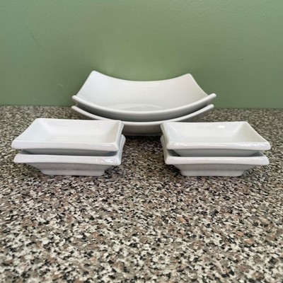 Pier One 6 Piece Sushi Set White Porcelain Large Plates & Soy Dishes