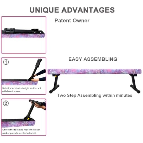 Adjustable&Foldable Gymnastics Balance Beam,Home Gym 8FT PINKGLITER