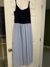 GAP A-Line Dress Striped Navy Light Blue Sleeveless Scoop Neck Woven Midi L