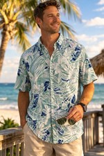 IZOD Saltwater Hawaiian Shirt Mens L Green Blue Floral Button Front Beach Casual