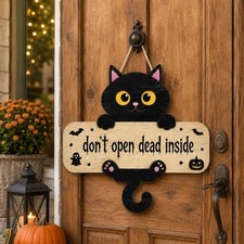 Halloween Door Hanger, Vintage Halloween Decor Outdoor, Black Cat Decor