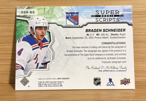 2022-23 SPx Rookie Superscripts Braden Schneider #SSR-BS Auto RC - Picture 2 of 2
