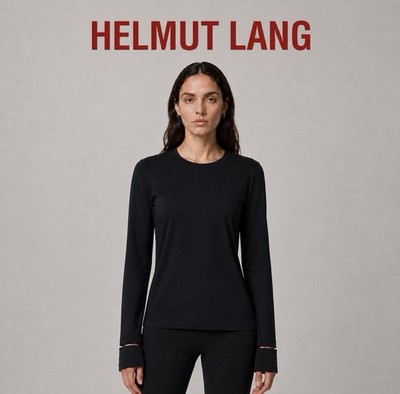 Helmut Lang Women L Black Fitted Long Sleeve Slash Wrist Top Minimalist Designer