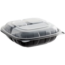 8" x 8" x 3" Microwaveable 3-Compartment Black/Clear Plastic Hinged Container