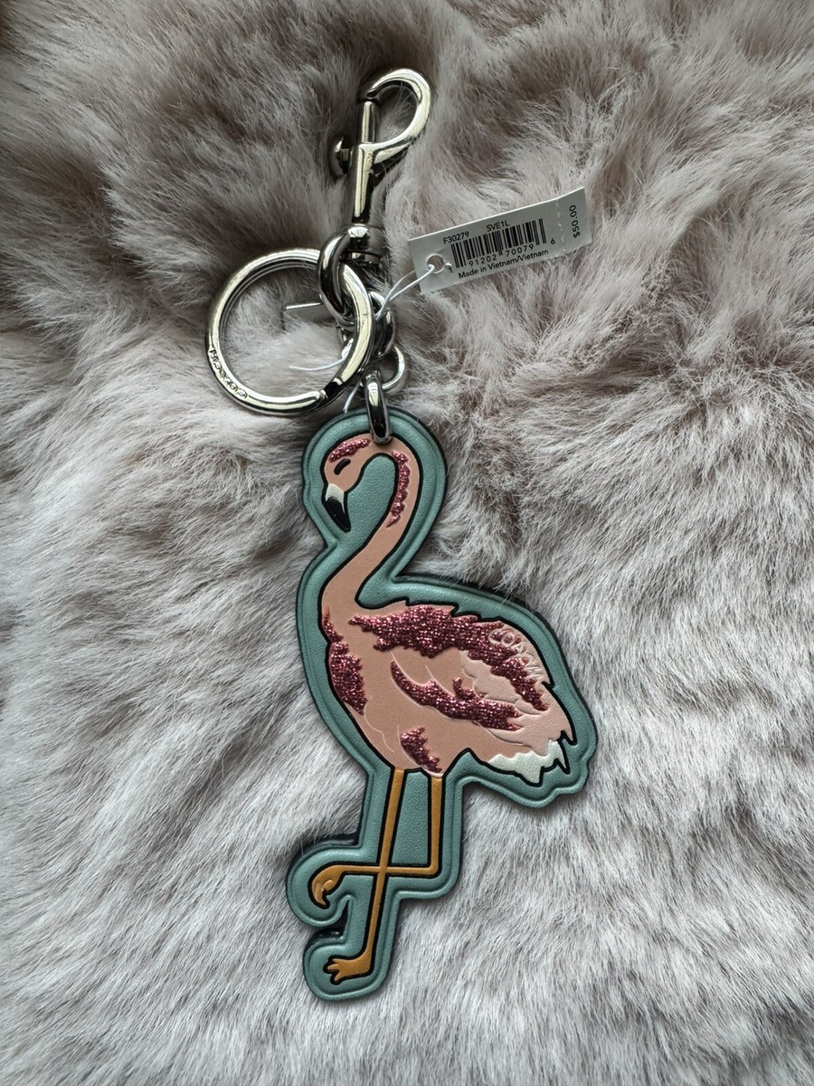 NEW COACH FLAMINGO BAG CHARM BLUE/PINK LEATHER SILVER 30279