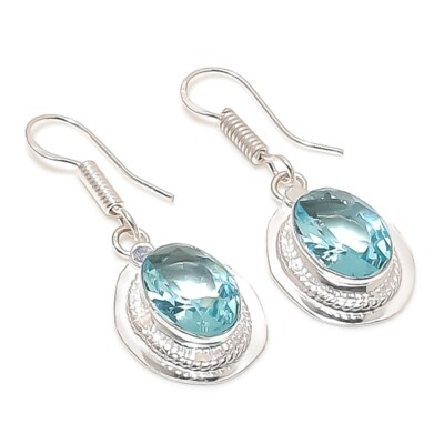 Aquamarine Gemstone 925 Starling Silver Handmade Jewelry Earring Size 1.30''