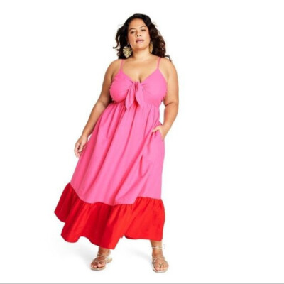 NWT TABITHA BROWN X TARGET PINK RED SLEEVELESS TIE FRONT MIDI DRESS SIZE 2X  | eBay