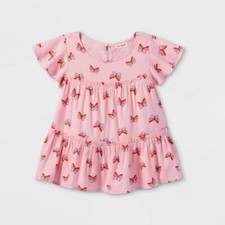 Girls' Light Pink Printed Tiered Woven Top - Short Sleeve, Size Medium
