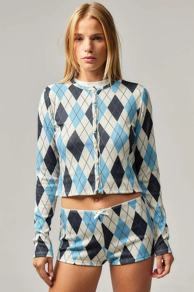 Micro Pantalones Cortos Urban Outfitters Estampado Argyle Tiro Bajo Azul Talla L Nuevos sin Etiquetas Foto 3 de 4