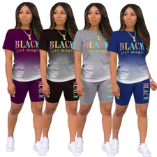 Stylish New Women O Neck Short Sleeves Gradient Letter Print Casual Pants Set