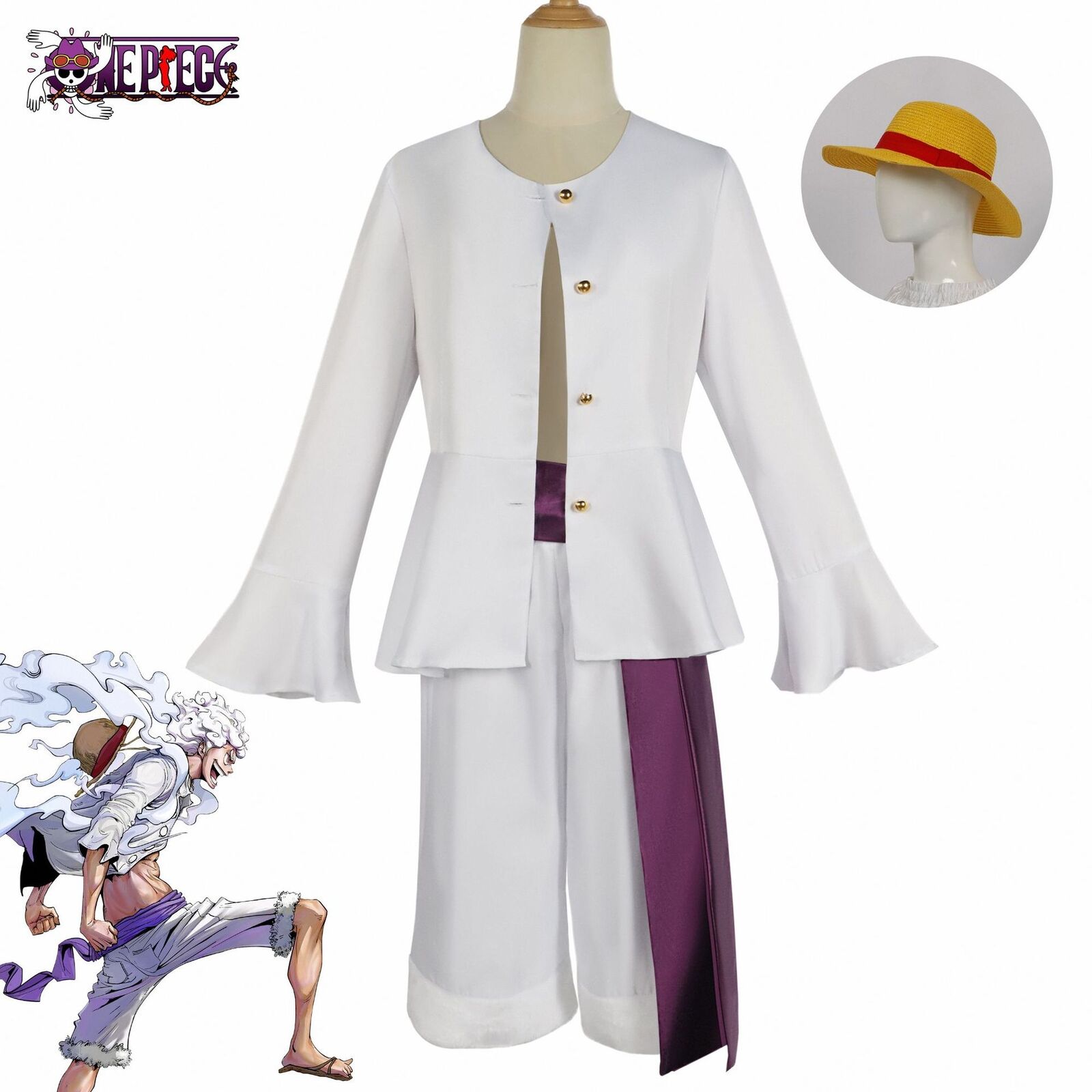 Anime Straw Hat Boy Luffy Cosplay Costume Gear 5 Nika Luffy Cosplay Clothes  Kimono Set Christmas Halloween Adult Suit With Wig