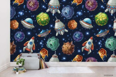 3D Planet Rocket UFO Pattern Self-adhesive Removable Wallpaper Murals