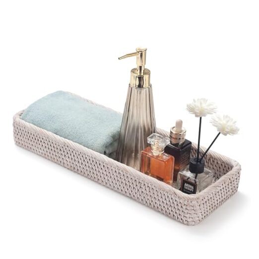 Rattan Bathroom Vanity Tray, Toilet Tank Basket Tray for Paper Hand Towel,
