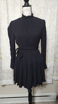 Baltic Born Women's Large Mini Dress L/S Black Swiss Dot High Neck Belted |  eBay