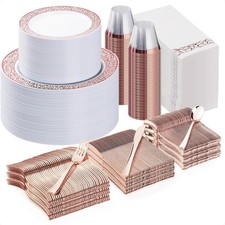700PCS Rose Gold Plastic Dinnerware Set for 100 Guests, Disposable Plates for