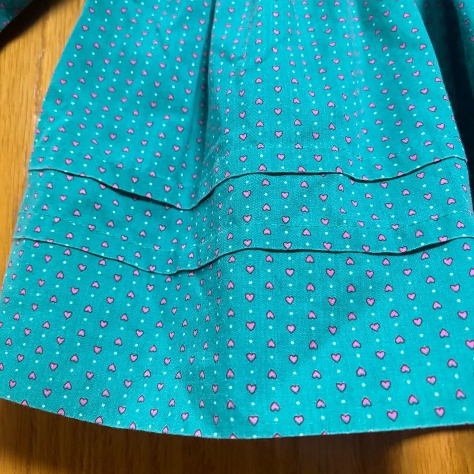 Vintage baby toddler Green Heart Print Dress White Collar Pink Ribbon Detail - Image 3 of 4