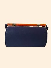 Vintage 1950s 1960s Navy Blue Evening Barrel Bag Lucite Handle Gold Frame