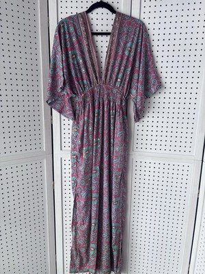 Karma Highway Maxi Dress Women's One Size Flutter SLV Pink Green Gold VNeck 
