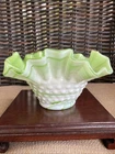 Vintage Fenton Green Slag Glass Hobnail Uranium Ruffled Bowl Vase Dish * XLNT!