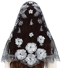 Floral Embroidery Lace Mantilla Veil for Church Mass - Women's Scarf