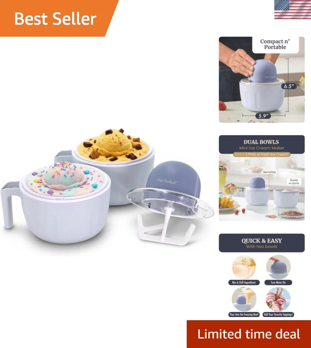 Americana by Elite Pint Perfect Ice Cream Maker, 2 x 1 Pint Capacity Dual Fre...