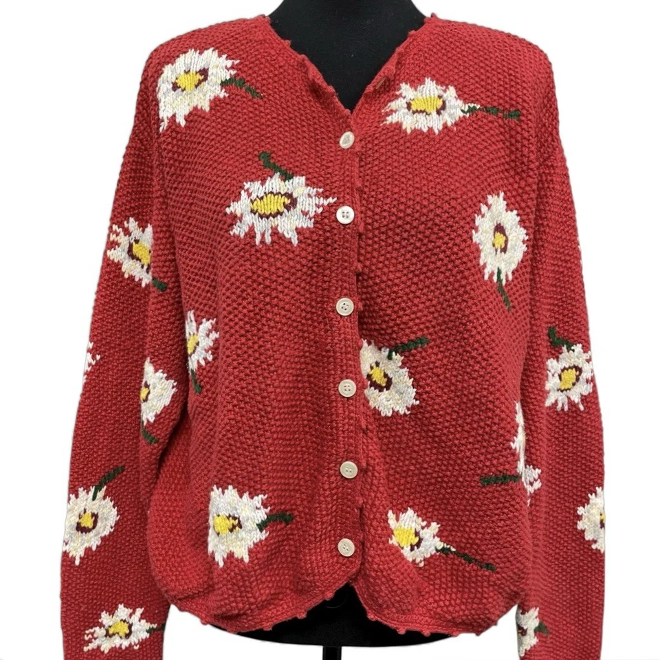 Cárdigan Eddie Bauer Vintage Años 90 Tejido a Mano Margarita XL Rojo Mezcla de Lino Tejido Suéter Foto 3 de 4