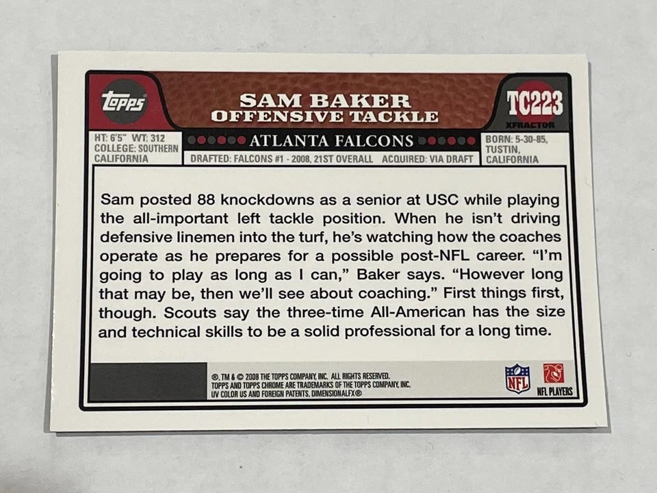 2008 Topps Chrome Football Xfractor - Sam Baker RC - Atlanta Falcons - Image 2 of 2