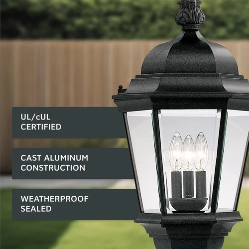 3-Light 28" Black Outdoor Post Lantern, Clear Glass, Classic Style 💡 - Picture 3 of 6