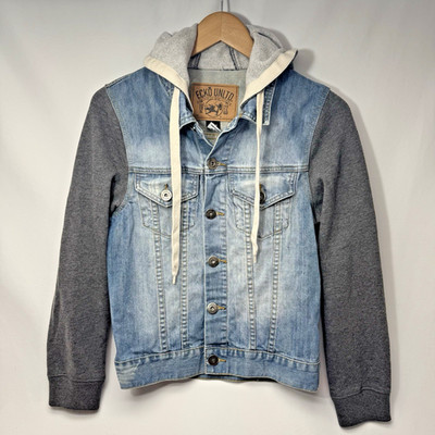 ECKŌ UNLTD Jean Jacket Hoodie Distressed Denim Sweatshirt Sleeves Women's XS