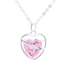 Pink Heart Shape Crystal Pendant Neckalce S925 Sterling Silver Love Heart Nec...