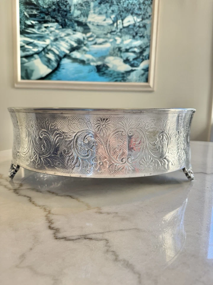 ENORME 18 pulgadas tono plata redondo metal en relieve soporte para pasteles elevador boda cumpleaños Foto 2 de 4