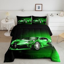 Feelyou Green Race Car Comforter Set Kids Boys Girls, Twin/Full/Queen/King