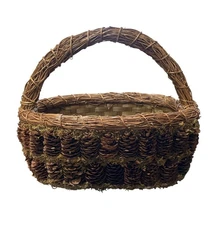 Handcrafted Pine Cone Moss and Wicker Basket With Handle Fairy Flower 10x6