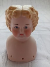 Porcelain Doll Head Unglazed Blonde Curly Hair Blue Eyes