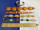 Vtg Costume Jewelry Bracelet Lot Carved Scarabs Rhinestone Art Glass