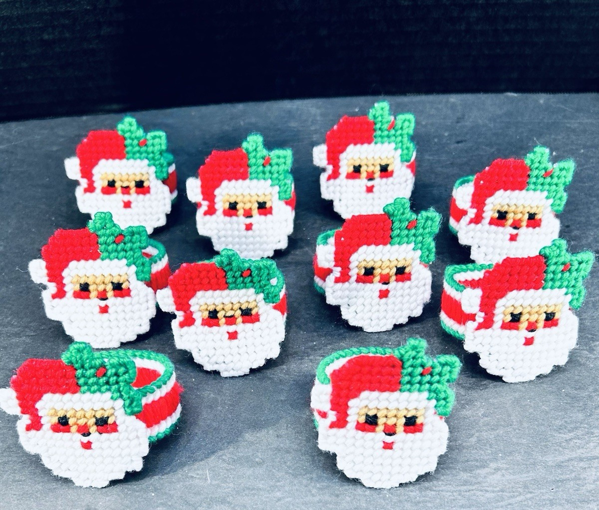 Vtg Christmas Santa Napkin Rings Plastic Canvas Needlepoint Handmade Set of 10