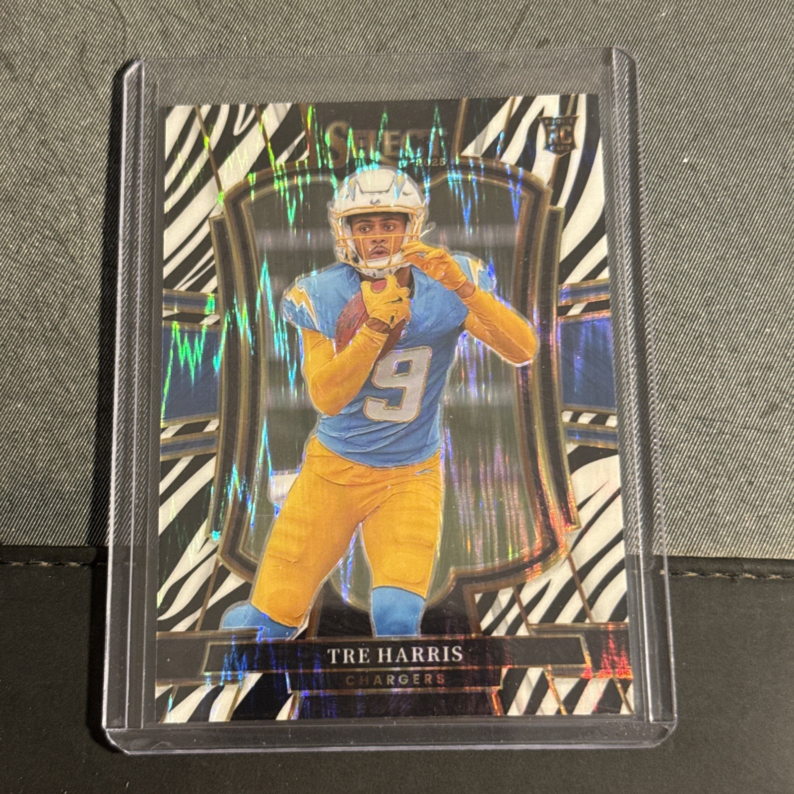 2025 Panini Select - Premier Level Tre Harris #101 Zebra Prizm (RC) Chargers