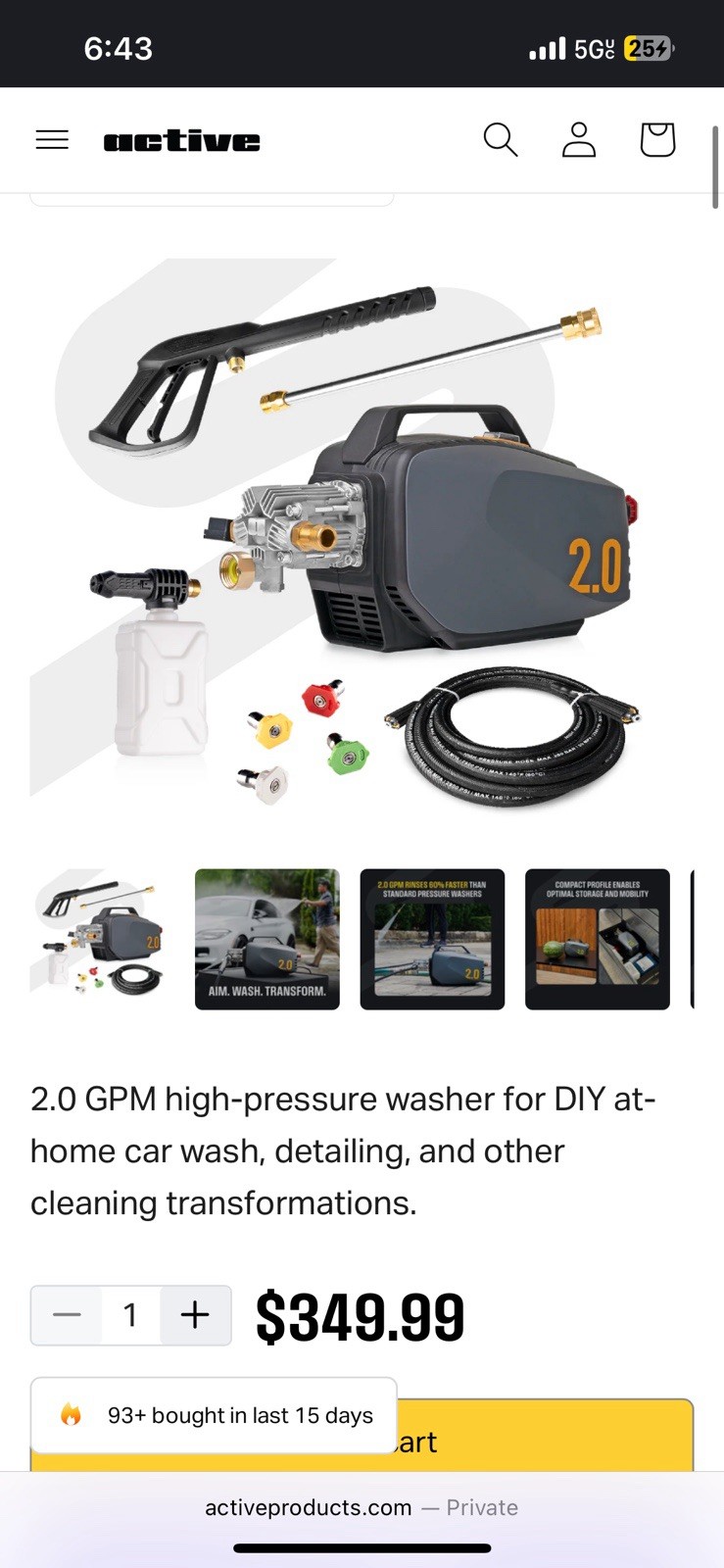 Active 2.0 Pressure Washer | Full OE Kit | 1800 PSI 2.0 GPM