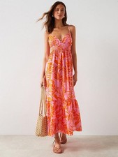 Mango Pink Orange Floral Midi Dress M 10 Flowy Cami Sundress Summer Brand New