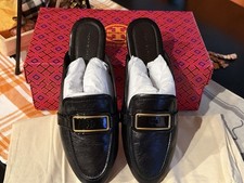 NIB TORY BURCH GEORGIA Backless Loafer Flat Mules Black Leather Gold Logo 7.5