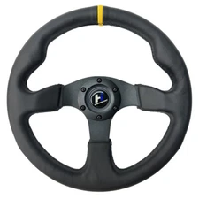 330mm 3-Spoke Flat Bottom Reinforced Lether Steering Wheel with Yellow Stitching