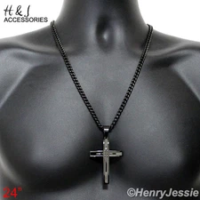 18-40"MEN Stainless Steel 6mm Black Plated Cuban Curb Necklace Cross Pendant*A11