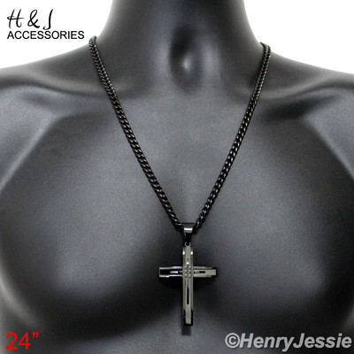 18-40''MEN Stainless Steel 6mm Black Plated Cuban Curb Necklace Cross Pendant*A11