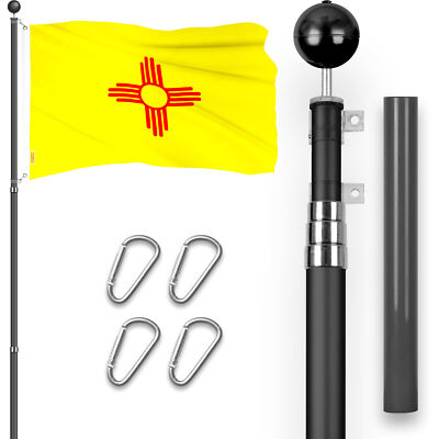 Combo: 16 Ft Telescoping Flagpole Black & New Mexico NM State Flag 3x5 Ft Emb
