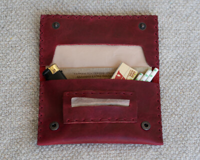 red tobacco pouch Handmade Leather Tobacco Pouch - Dark Red