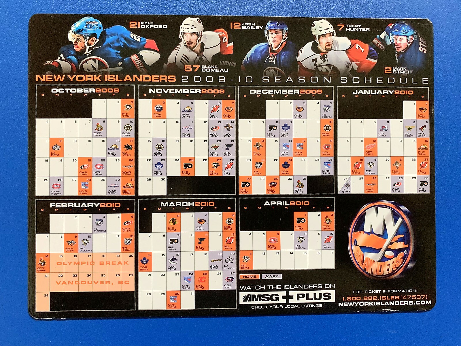 2009-10 NEW YORK ISLANDERS MAGNET SCHEDULE SKED - MSG + PLUS | eBay