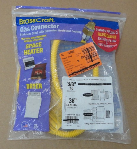 (3) BrassCraft 3/8 x 36" Gas Connectors. CSSL114TE-36X. For Space Heater, Dryer - Picture 2 of 3