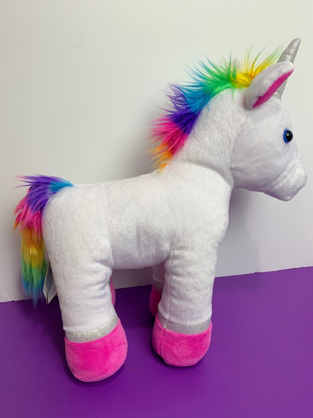 White Unicorn with Rainbow Mane and Tail Silver Glitter Pink Hooves Build A  Bear
