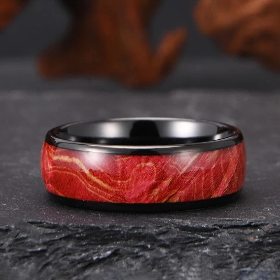 Anillo de carburo de tungsteno negro madera curada borgoña de 8 mm alianza boda ajuste cómodo Foto 3 de 4