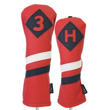 Majek Retro Golf #3 & H Wood & Hybrid Headcover Red White Blue Leather Style